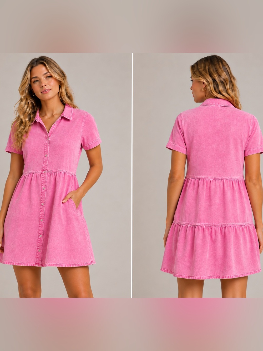 Pink Short-Sleeve Collared Tiered Dress